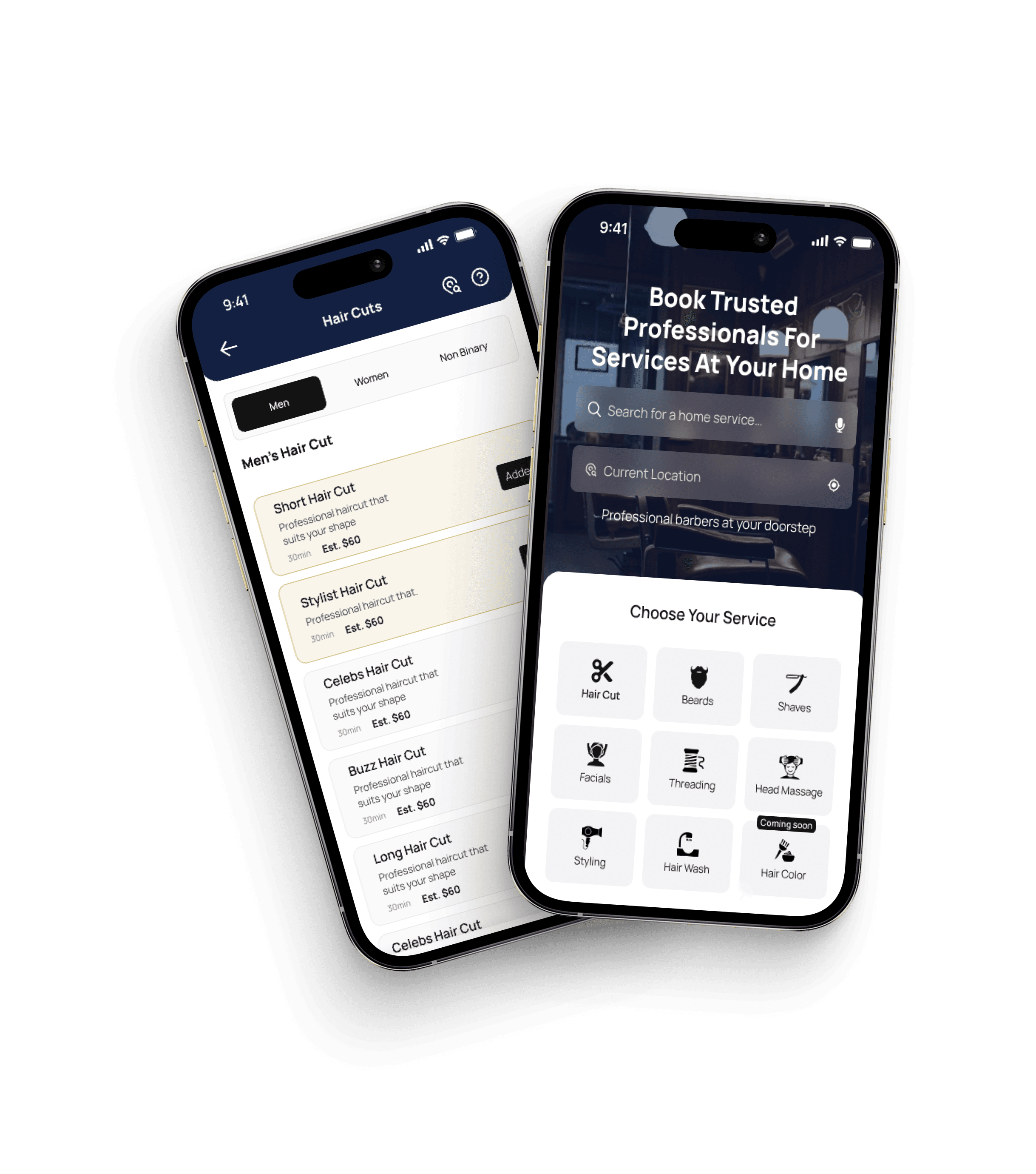 Barbers Network customer app showing service selection and booking