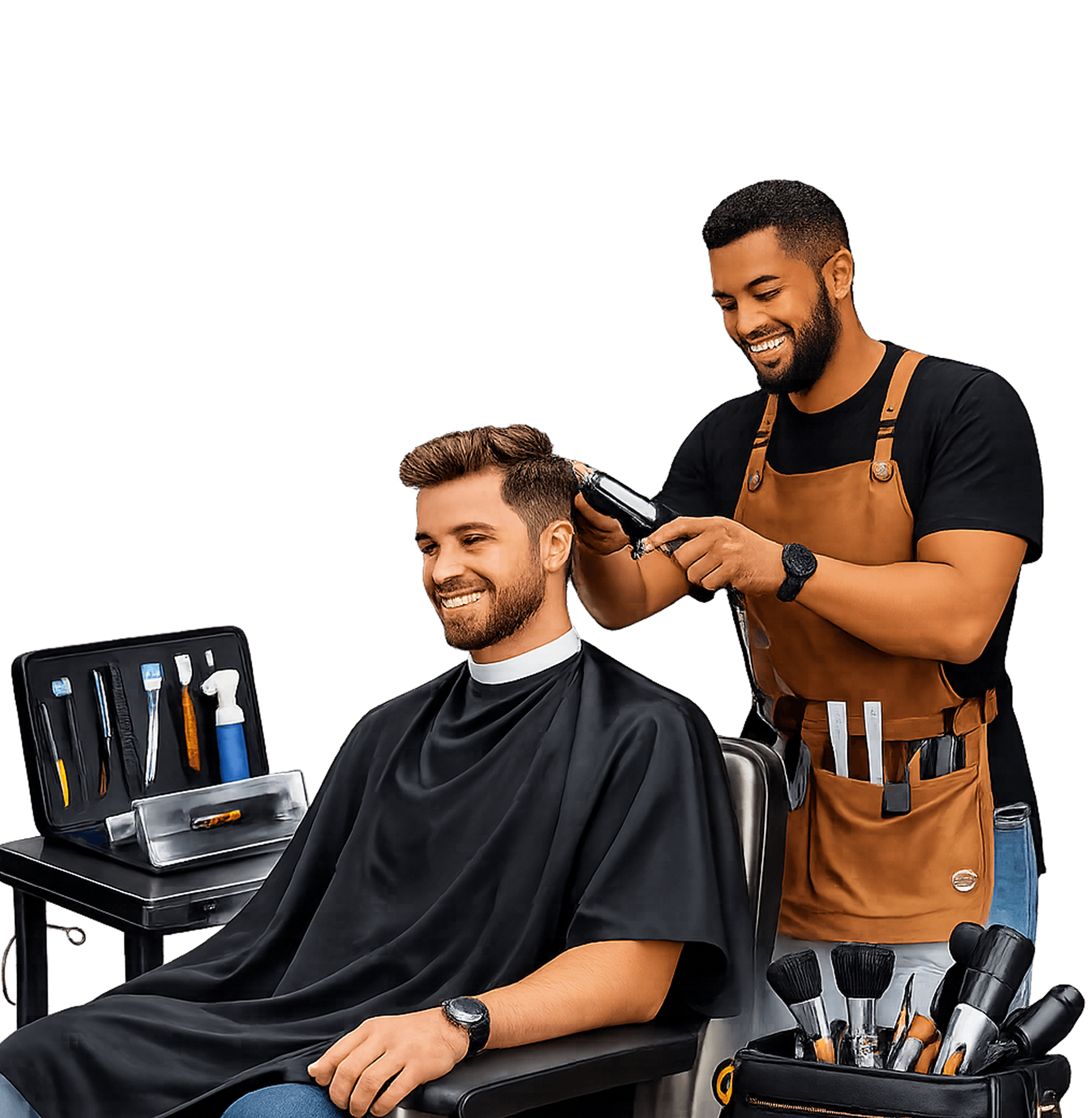 Professional barber giving a haircut to a client at home